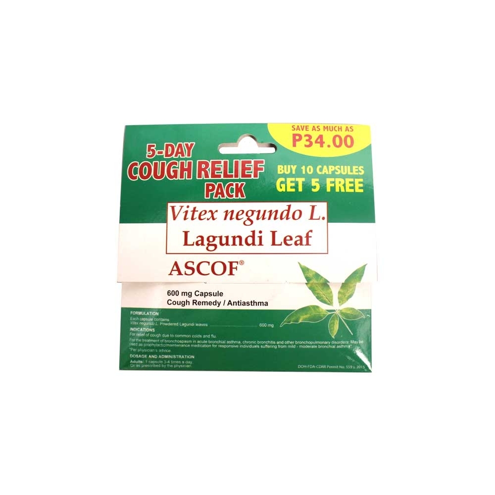 ASCOF Lagundi 600mg 10+5 Capsules for PHP75.00 available on Shopcentral ...