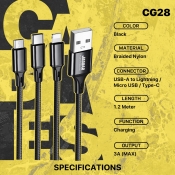 Buy Jaguar Electronics CG28 1.5A - 2.8A 1 Meter Fast Charging 3-in-1 Cable - Black online at Shopcentral Philippines.