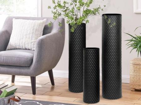 Jarrones de Suelo Grande Negro, 70/55/40 cm Metalicos Altos Jarrones Set de 3, Modernos Textura de Panal Jarron de Suelo para Salón Comedor Dormitorio Oficina
