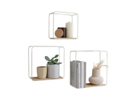 Kazai. Estantes de Pared -Jona- | Baldas Pared de 3 Piezas de Metal y Madera | Decoración de Pared, Almacenamiento y Estante para Libros para Baño, Sala de Estar, Cocina, Dormitorio | Abedul, Blanco