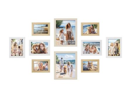 SONGMICS Marcos de fotos, Juego de 10, Dos de 20 x 25 cm, Cuatro de 13 x 18 cm, Cuatro de 10 x 15 cm, PS y MDF, Protección de Plástico, Roble Natural, Blanco Nube, Beige Natural