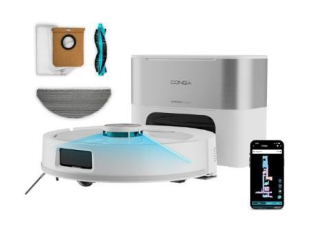 Cecotec Robot Aspirador y Friegasuelos con Base Autovaciado Conga Y60 Pearl. Navegación Láser, 13000Pa, Autonomía 200mins, Cepillo Multifunción, Bolsa de Polvo 3L, Bluetooth y WiFi, Control App