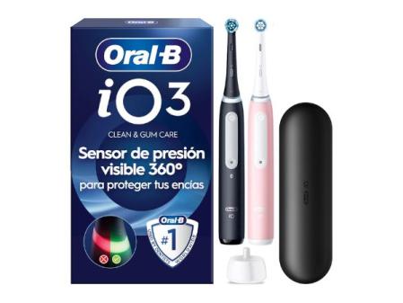 Oral-B iO 3 Cepillos De Dientes Eléctricos (Pack de 2) Con 2 Cabezales, 1 Estuche De Viaje, Diseñado Por Braun, Regalos Originales para Mujer y Hombre - Negro Y Rosa