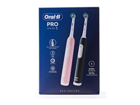 Oral-B Pro Series 1 - Cepillo de dientes eléctrico, paquete doble, 2 cabezales de cepillo, 3 modos de cepillado y sensor de presión para cuidado dental, diseñado por marrón, rosa/negro