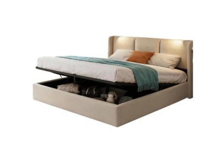 PerGar Cama Matrimonio 160x200, Cama 160x200 con almacenaje, Canape con Cabecero, Camas matrimoniales con luz de Lectura y somier, Moderne Camas Juvenil, Hidráulica Espacio, Lino, Beige, Sin Colchon