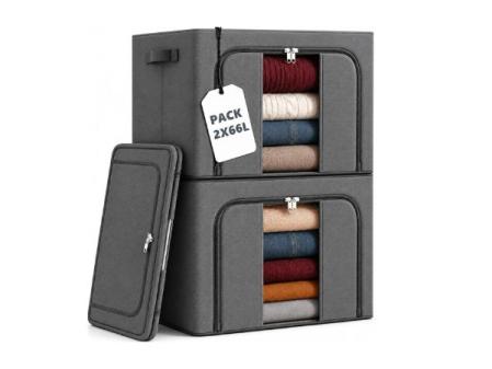 Cajas Almacenaje Ropa GRANDES Pack 2 · 66L (132L total) — Armario, Marco Metálico Rígido y Apilable, Plegable, Tela Oxford con Cremallera y Ventana Transparente Quitapelusas Incluido
