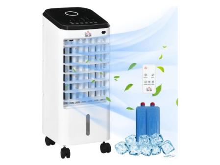 HOMCOM Climatizador Evaporativo Bajo Consumo 3,5L 3 en 1 Humidificador Ventilador 65W Pantalla LED Control Remoto Temporizador Oscilación 3 Velocidades 3 Modos 24,5x27x60 cm Blanco