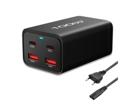 PcCom Essential Cargador GaN3 2x USB-C 100W + Carga Rápida 2x USB-A 3.0
