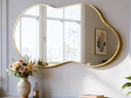 Espejo de Pared Irregular, Espejo asimétrico 50 x 90 cm Espejos de Cuerpo Grandes y únicos para tocador Dorado Baño Montado en la Pared Moderno Vestidor con Forma para salón Entrada