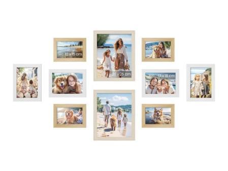 SONGMICS Marcos de fotos, Juego de 10, Dos de 20 x 25 cm, Cuatro de 13 x 18 cm, Cuatro de 10 x 15 cm, PS y MDF, Protección de Plástico, Roble Natural, Blanco Nube, Beige Natural