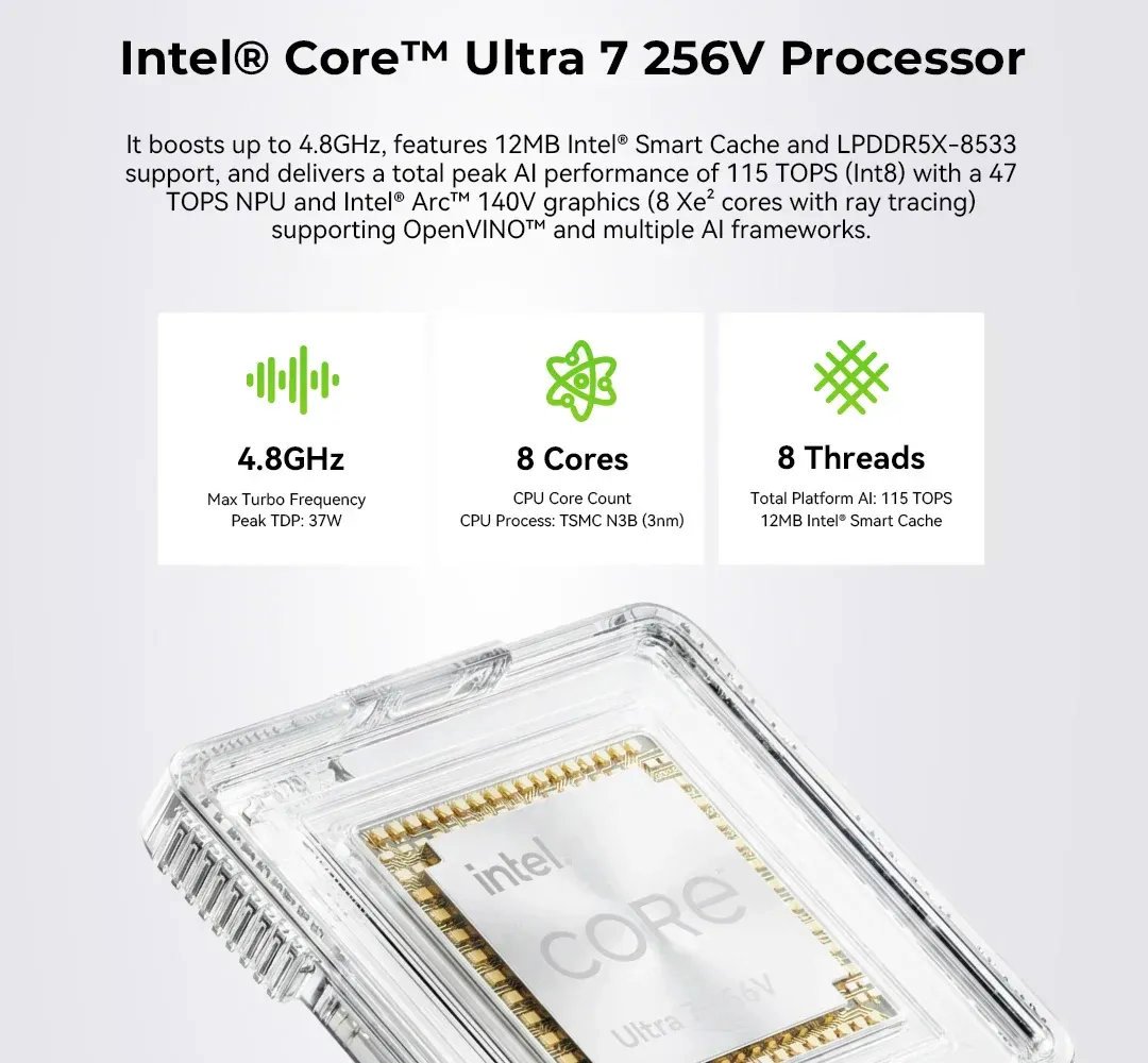 Note the information about the 115 TOPS highlighted by Intel. ©GMKtec