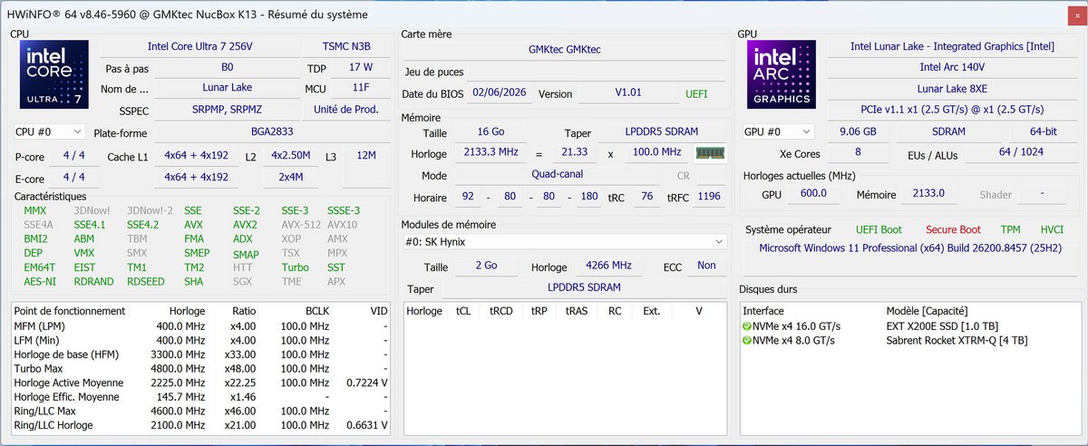 HWInfo details the GMKtec NucBox K13 components. ©Nerces for Clubic