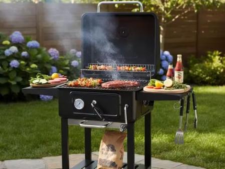 Charcoal and gas barbecue on a stainless steel cart