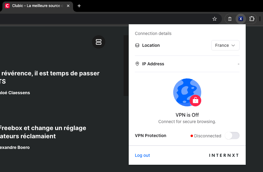 Internxt VPN - Une interface sommaire, sans réglages avancés. © Clubic