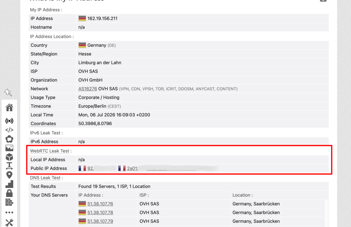 Internxt VPN - Des fuites WebRTC systématiques, révélatrices des vraies adresses IPv4 et IPv6 publiques. © Clubic