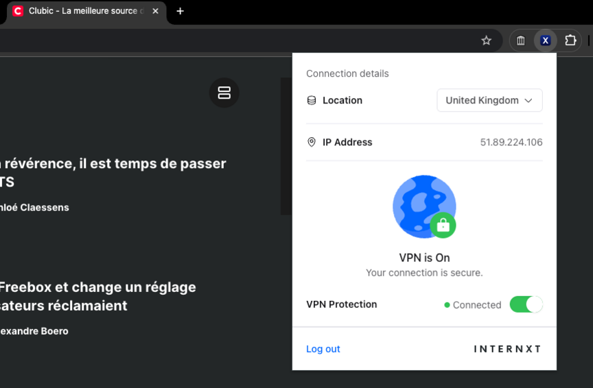 Internxt VPN - Une interface sommaire, sans réglages avancés. © Clubic