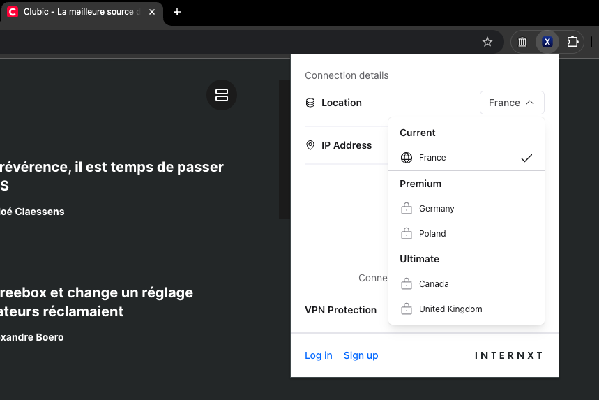 Internext VPN - La version gratuite ne nécessite pas de compte et permet de se connecter à la France uniquement. © Clubic