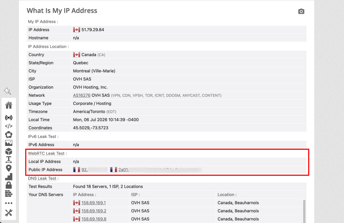 Internxt VPN - Des fuites WebRTC systématiques, révélatrices des vraies adresses IPv4 et IPv6 publiques. © Clubic