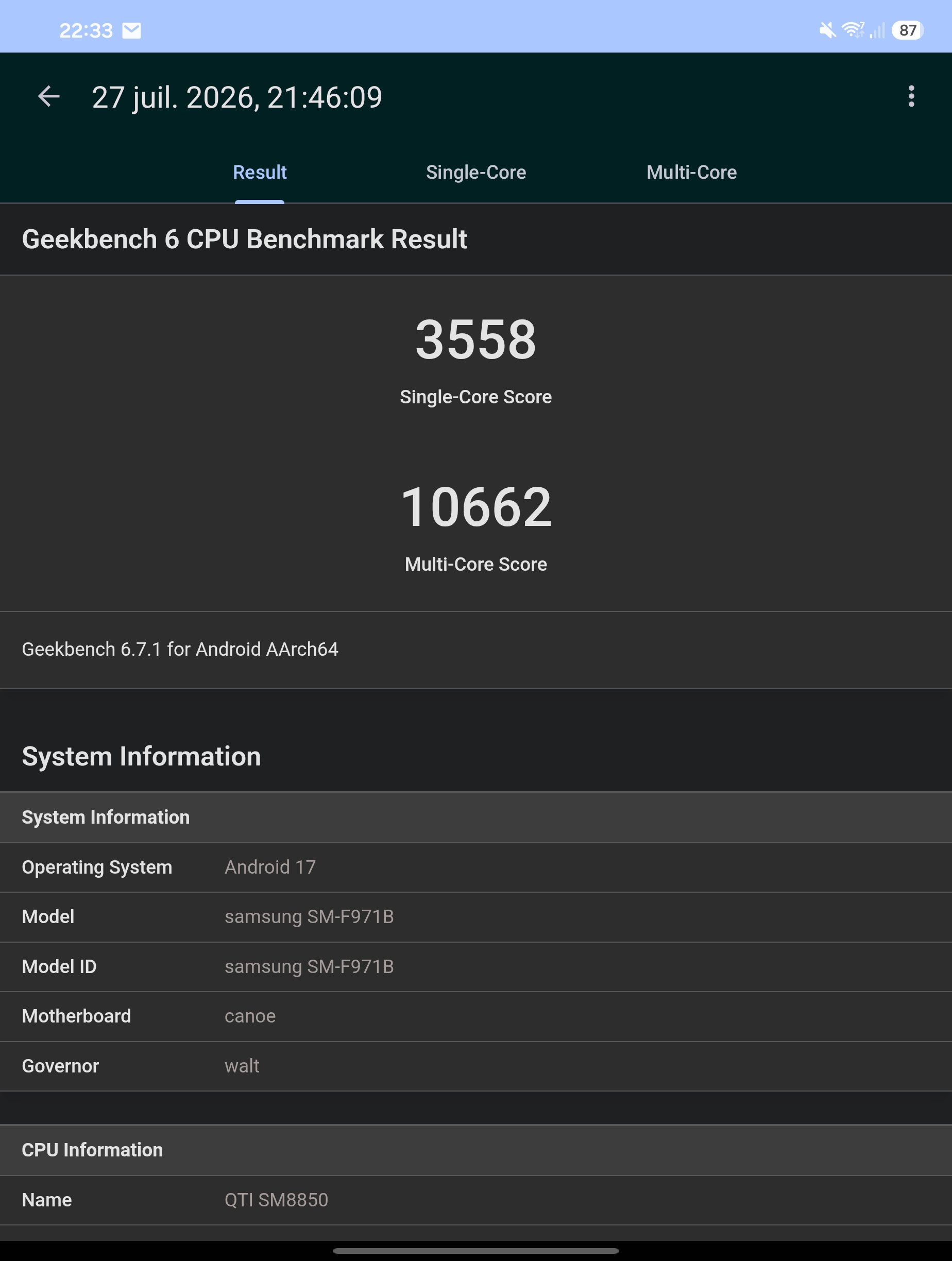 Geekbench 6 on the Z Fold 8© Marc Mitrani for Clubic