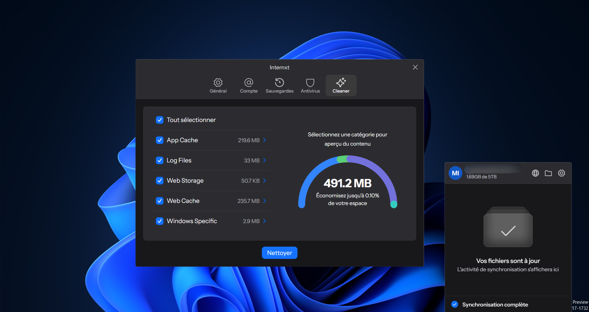 Sur Windows, Internxt Cleaner coche tout par défaut. À vous de faire le tri. © Clubic