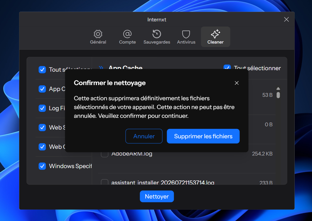 Internxt Cleaner prévient que la suppression est définitive, mais oubli de rappeler ce qui va disparaître. © Clubic