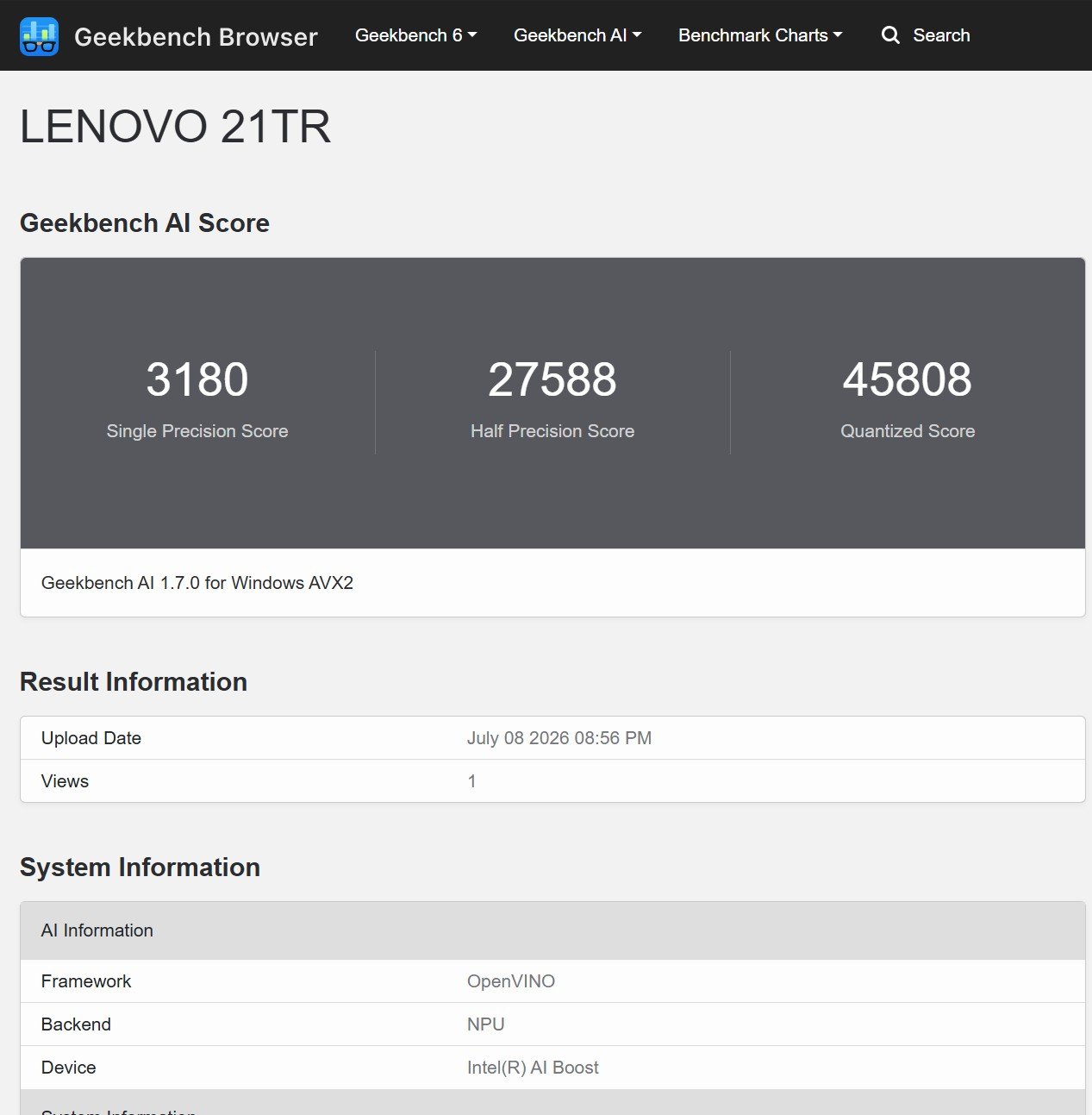 Les résultats NPU sur Geekbench AI. © Clubic