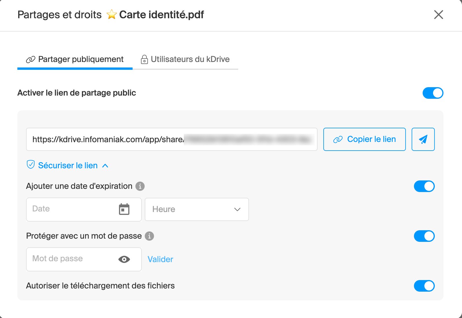 Infomaniak kDrive - Options de partage © Infomaniak