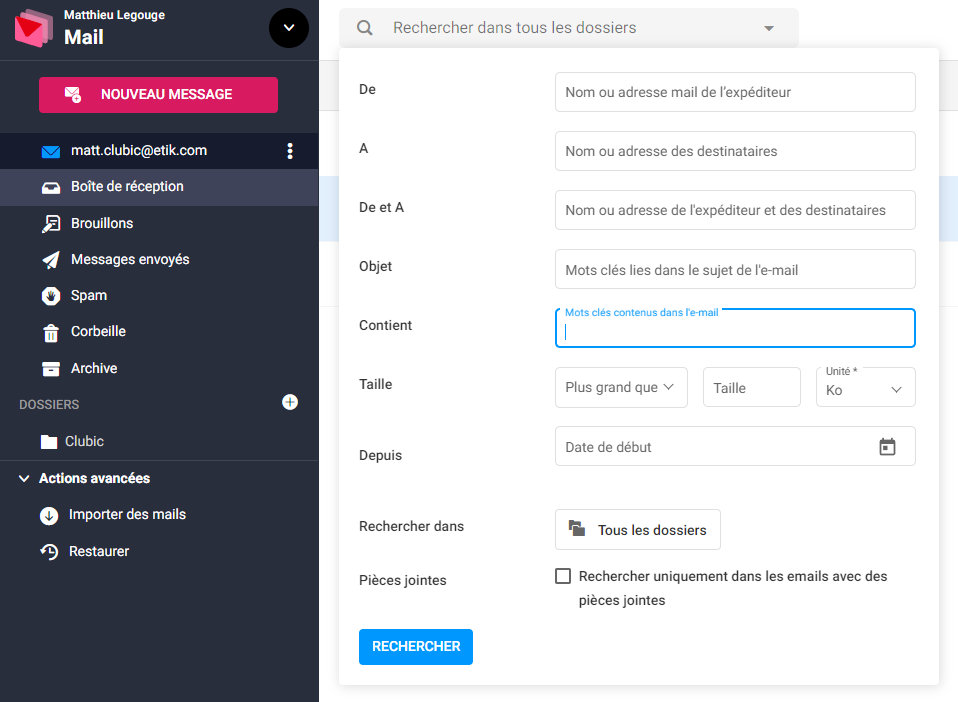 Infomaniak Mail - View of search mode