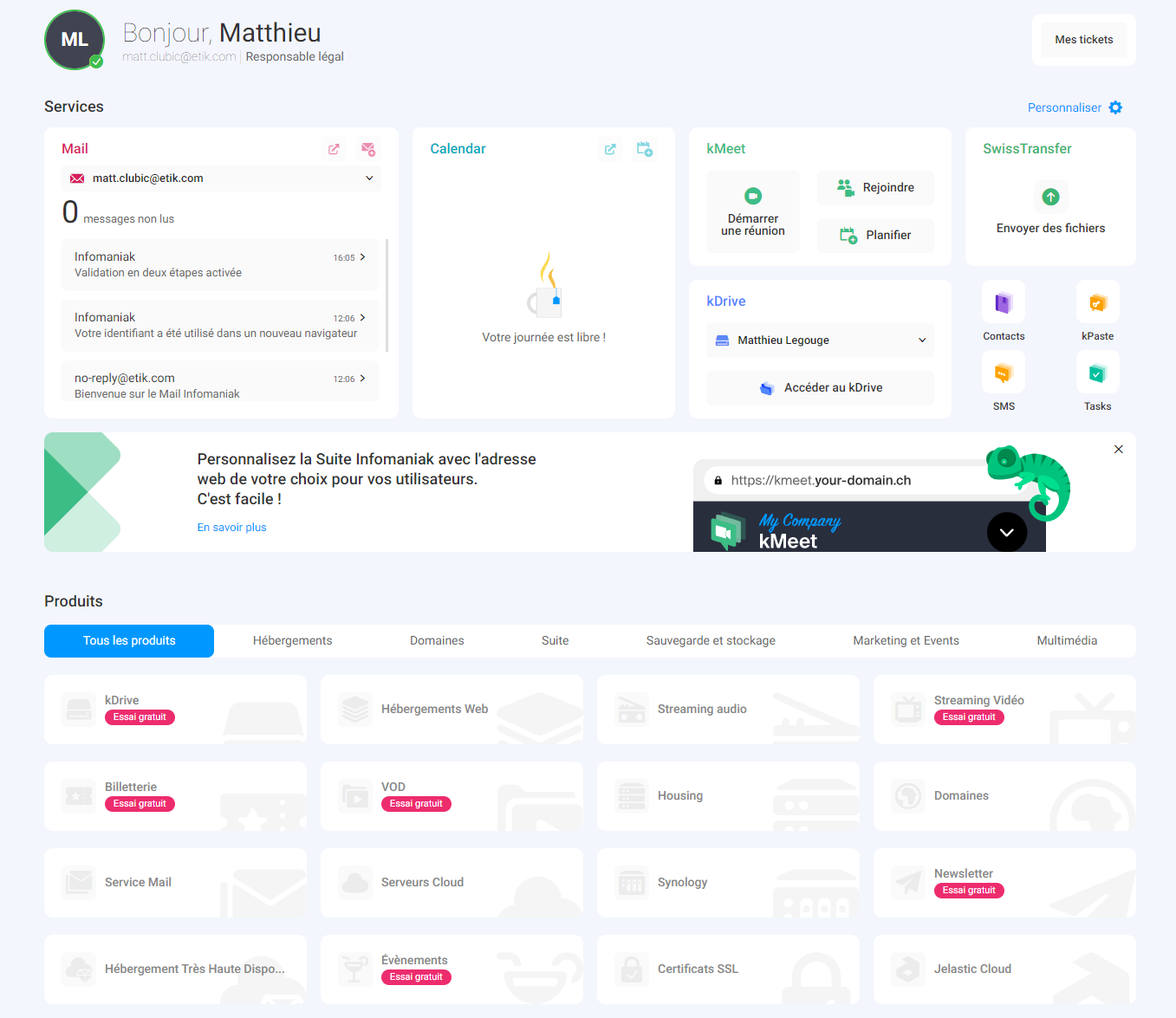 Infomaniak - Dashboard overview showing products