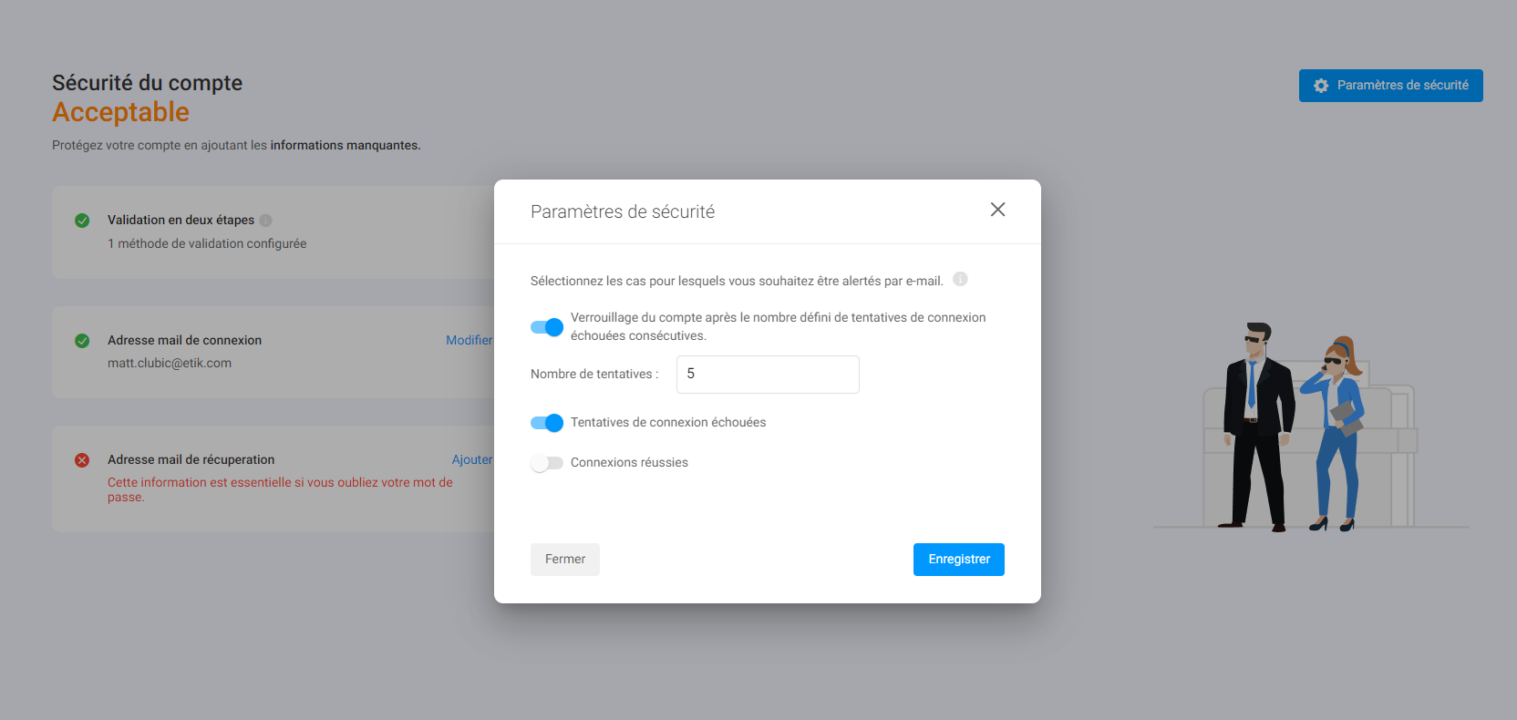 Infomaniak - Security settings of a user account