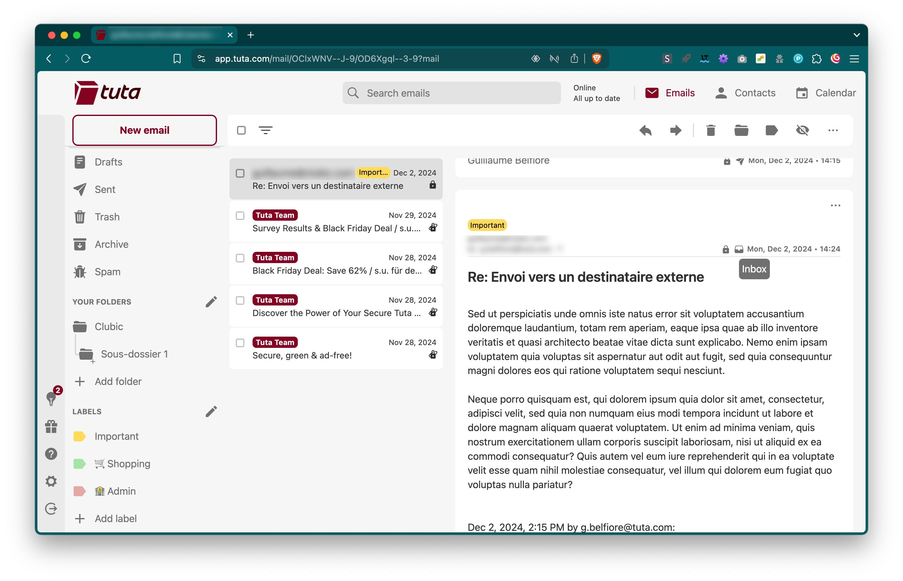 Tuta Mail - Interface claire et accent de couleur rouge. ©Tuta