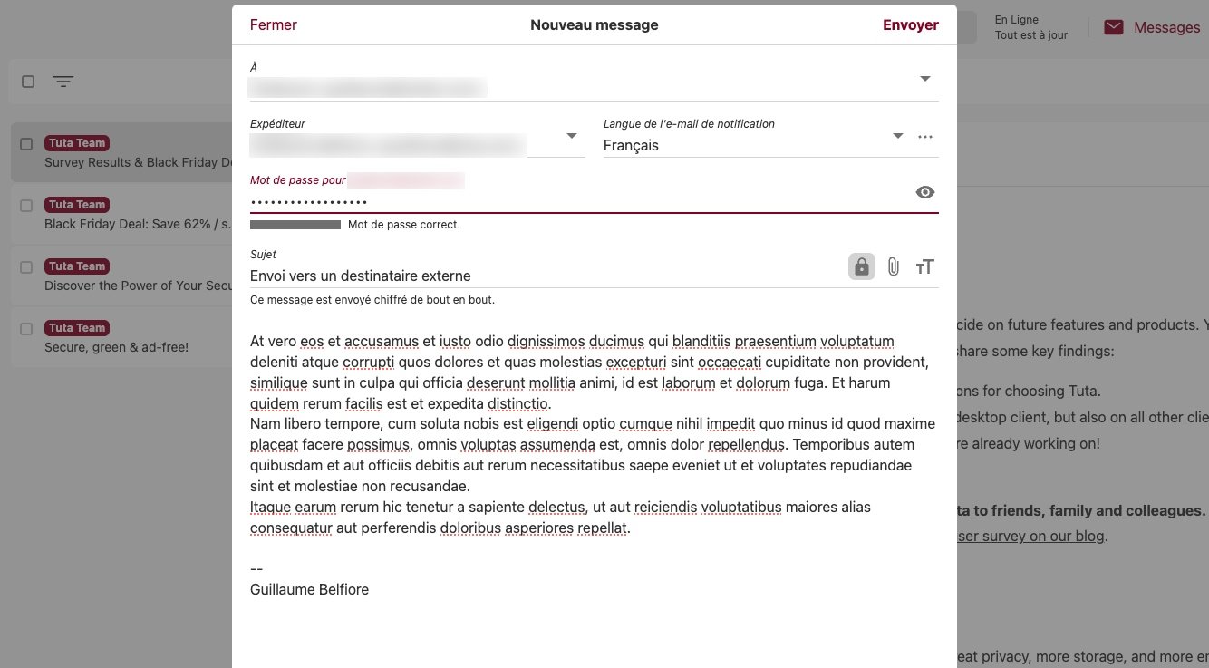 Envoi d'un message sécurisé vers un destinataire tiers. ©Tuta