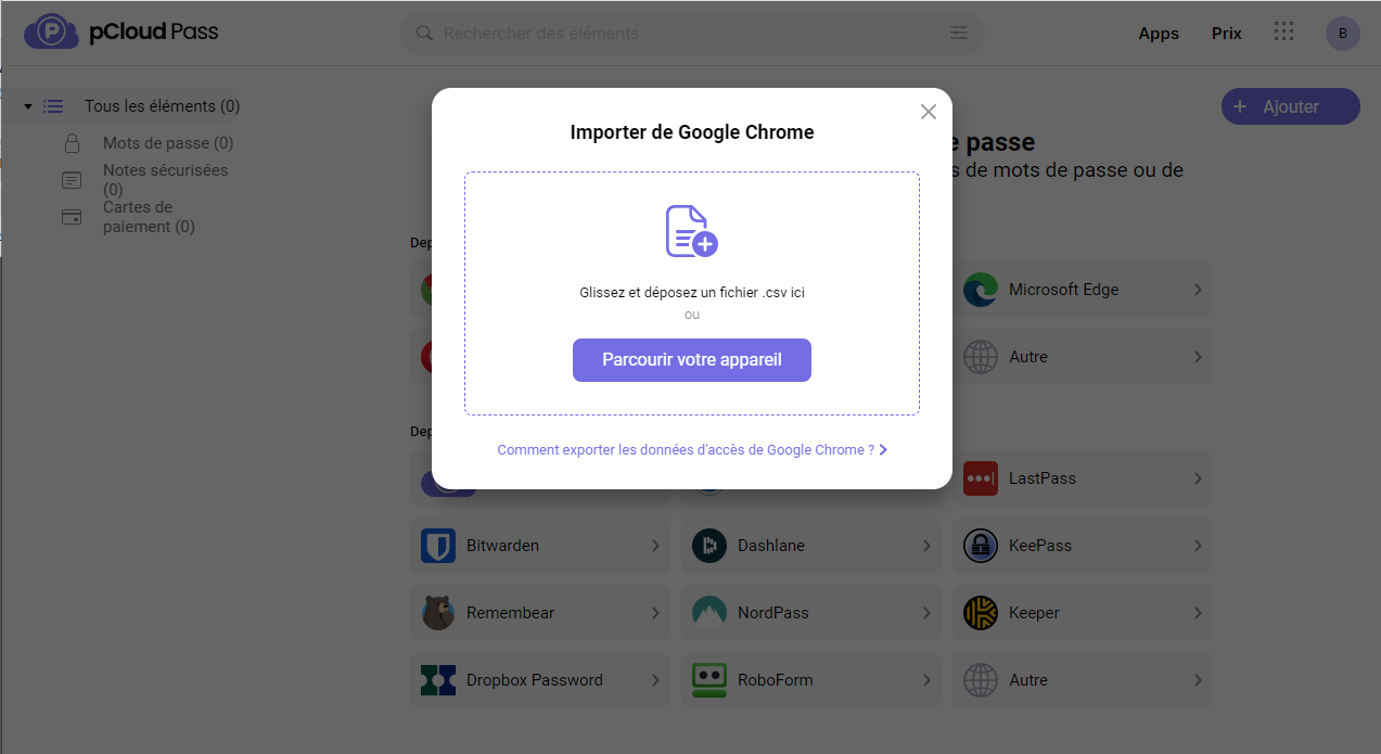 pCloud - The importing of passwords from Google Chrome