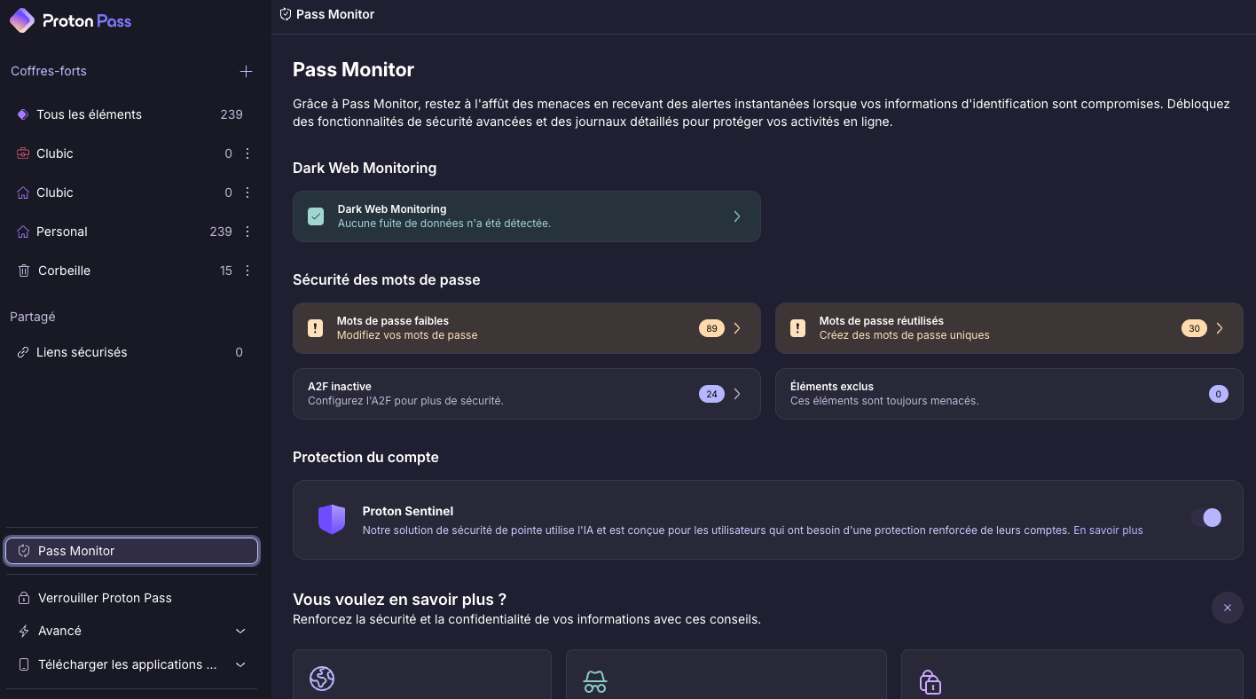Proton Pass - The option to monitor the Dark Web, Pass Monitor © Clubic