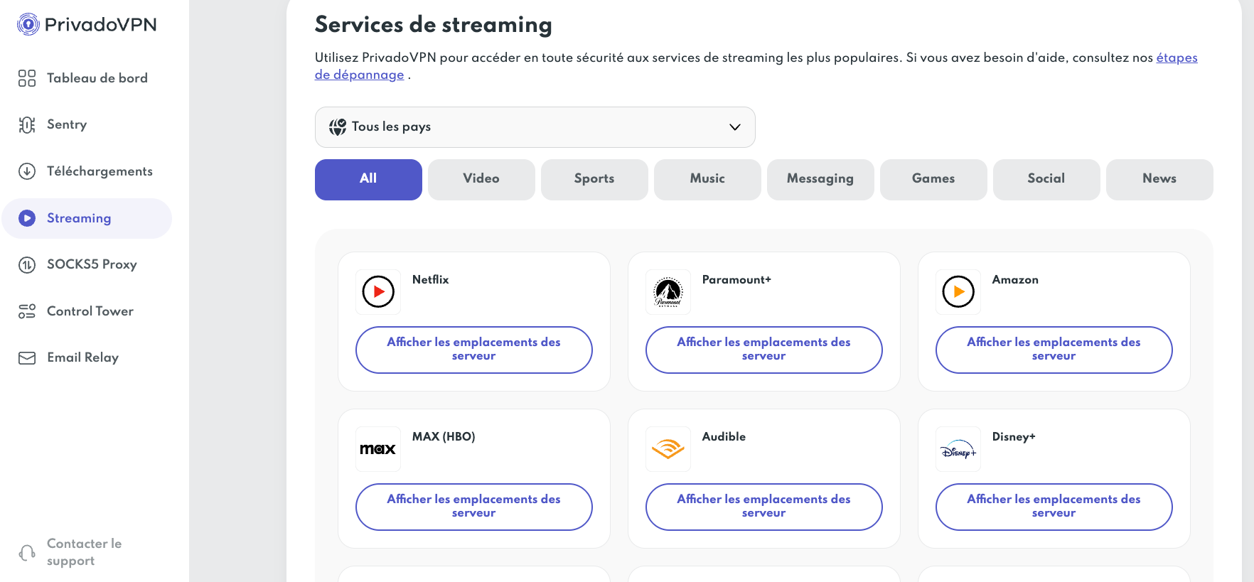 PrivadoVPN - The list of streaming services properly supported by the VPN. © Clubic