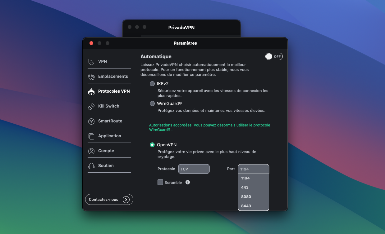 PrivadoVPN - Le choix des protocoles. © Clubic