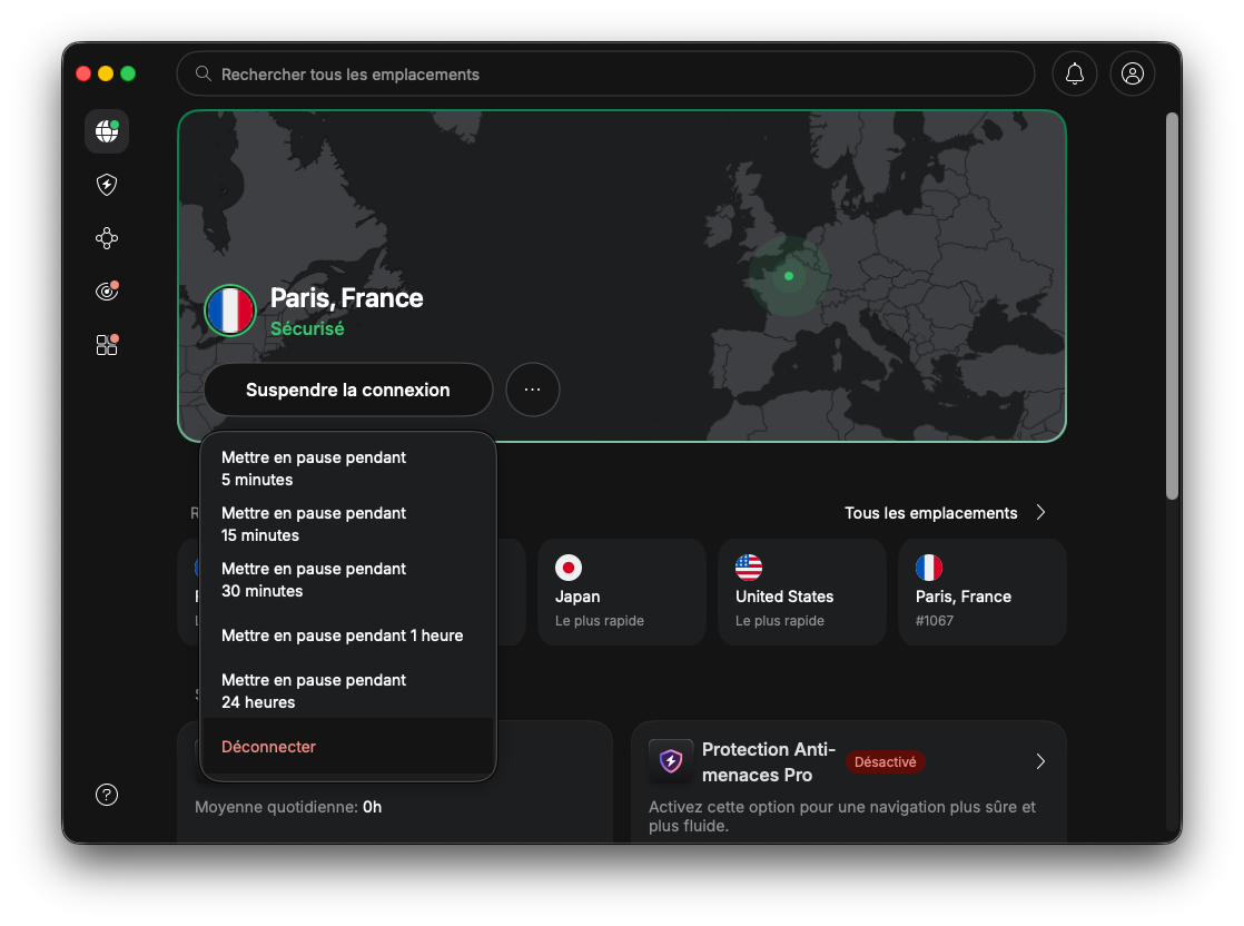 NordVPN - To disconnect, you must click Pause and choose the correct entry. Not convenient. © Clubic