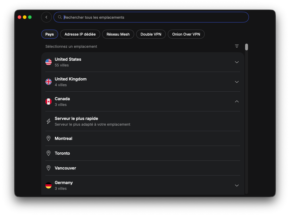 NordVPN - The access menu to locations and specialized servers. © Clubic