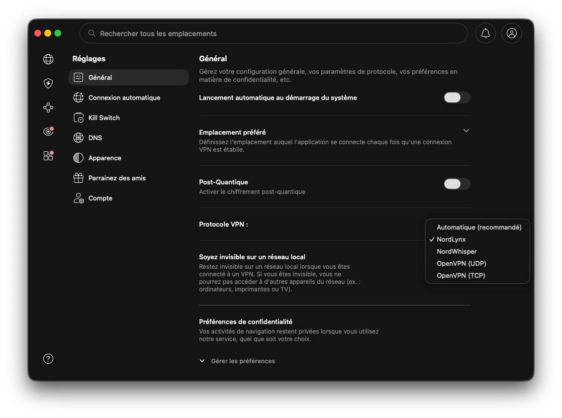 NordVPN - The connection settings and the choice of protocols. © Clubic