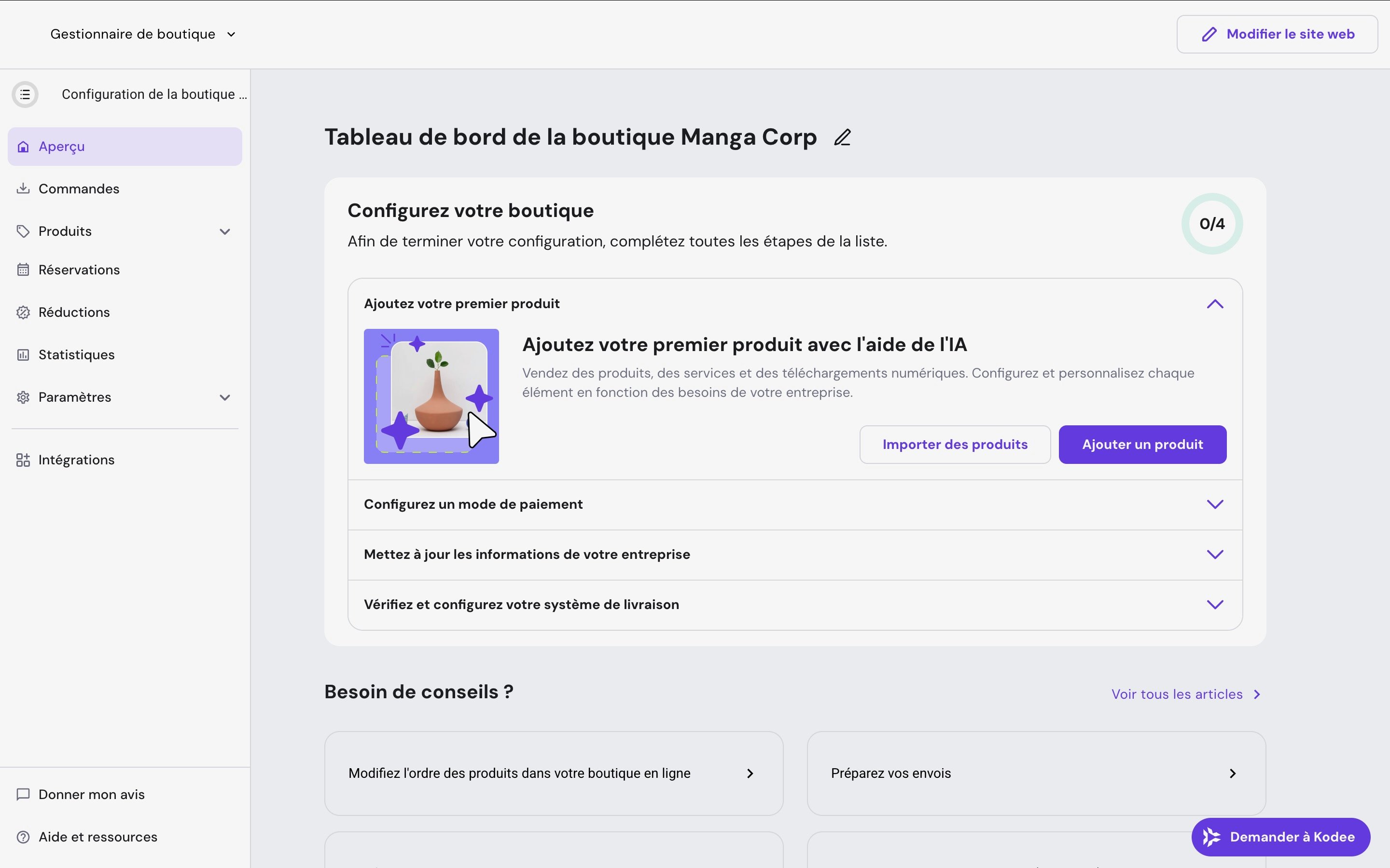Hostinger Website Builder - Dashboard for managing an ecommerce site. ©Hostinger