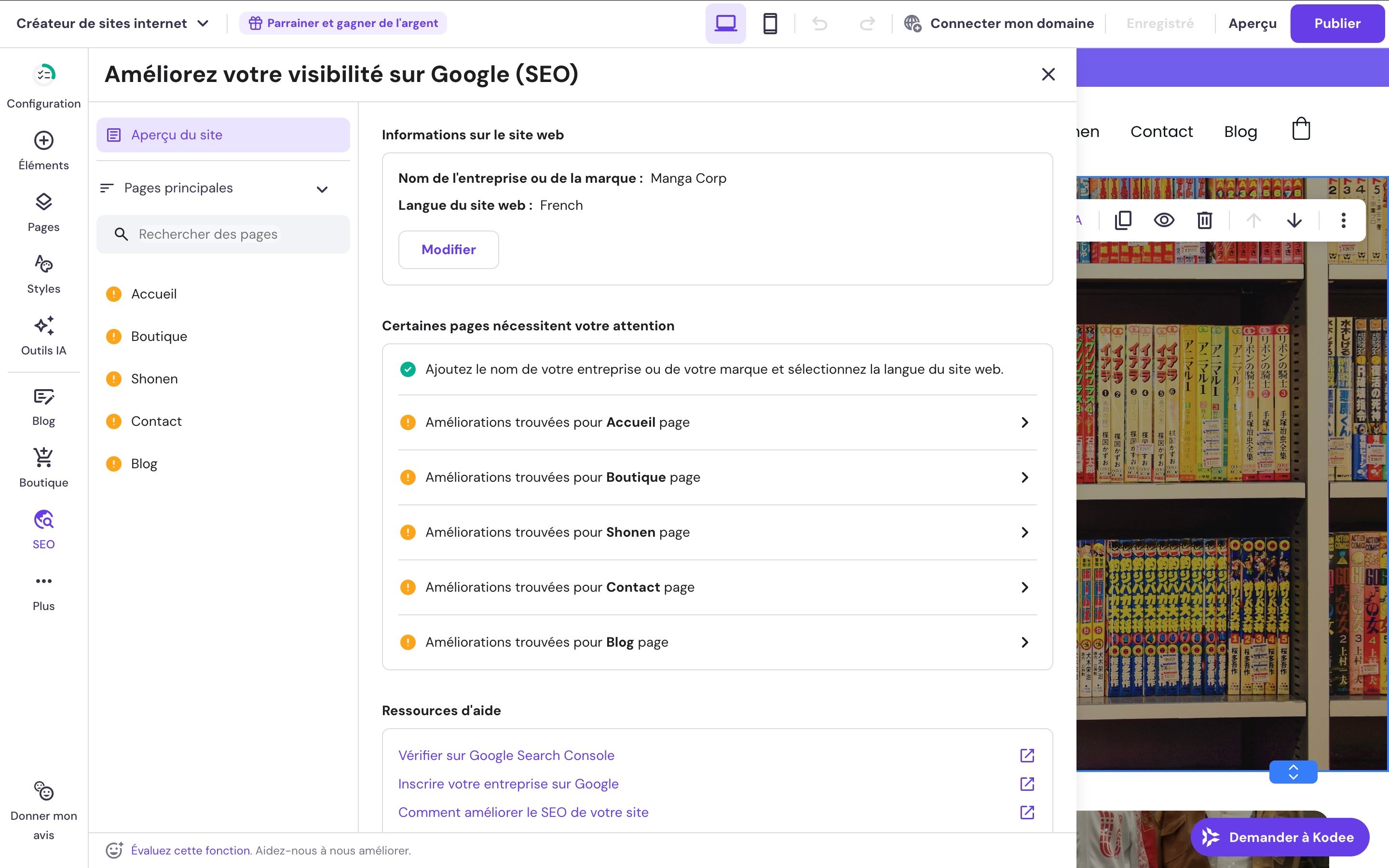Hostinger Website Builder - SEO parameter modifications. ©Hostinger