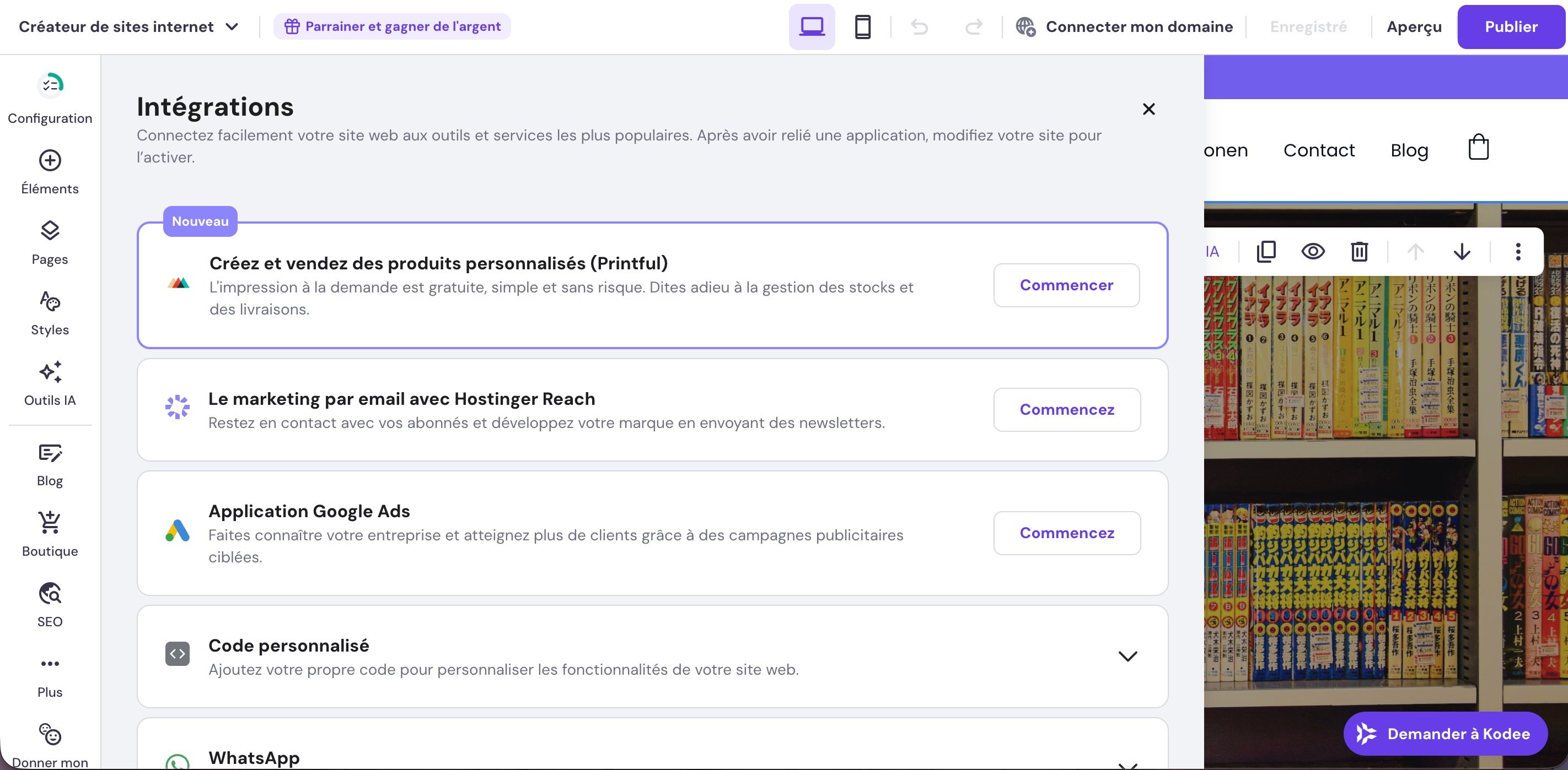 Hostinger Website Builder - Adding custom code within the editor. ©Hostinger