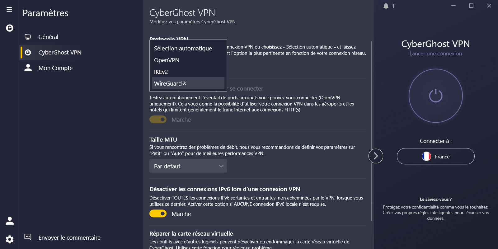 CyberGhost - Les protocoles VPN disponibles. © Clubic