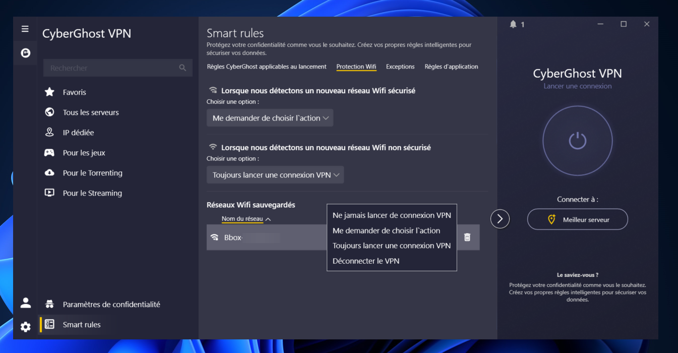 CyberGhost - Les options de connexion automatique au réseau Wi-Fi. © Clubic