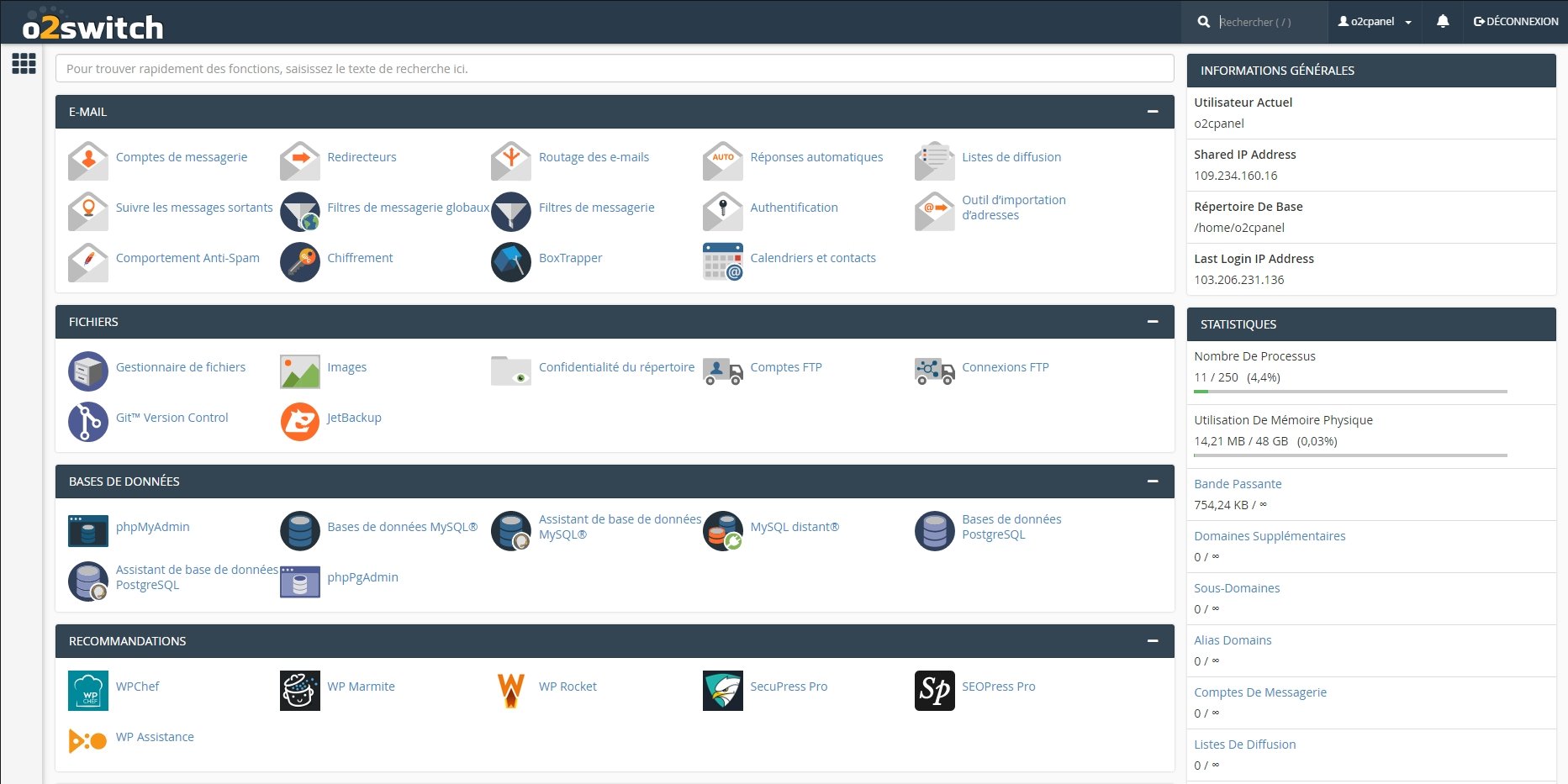 o2switch - interface cpanel intégrée aux plans d'hébergements web ©o2switch