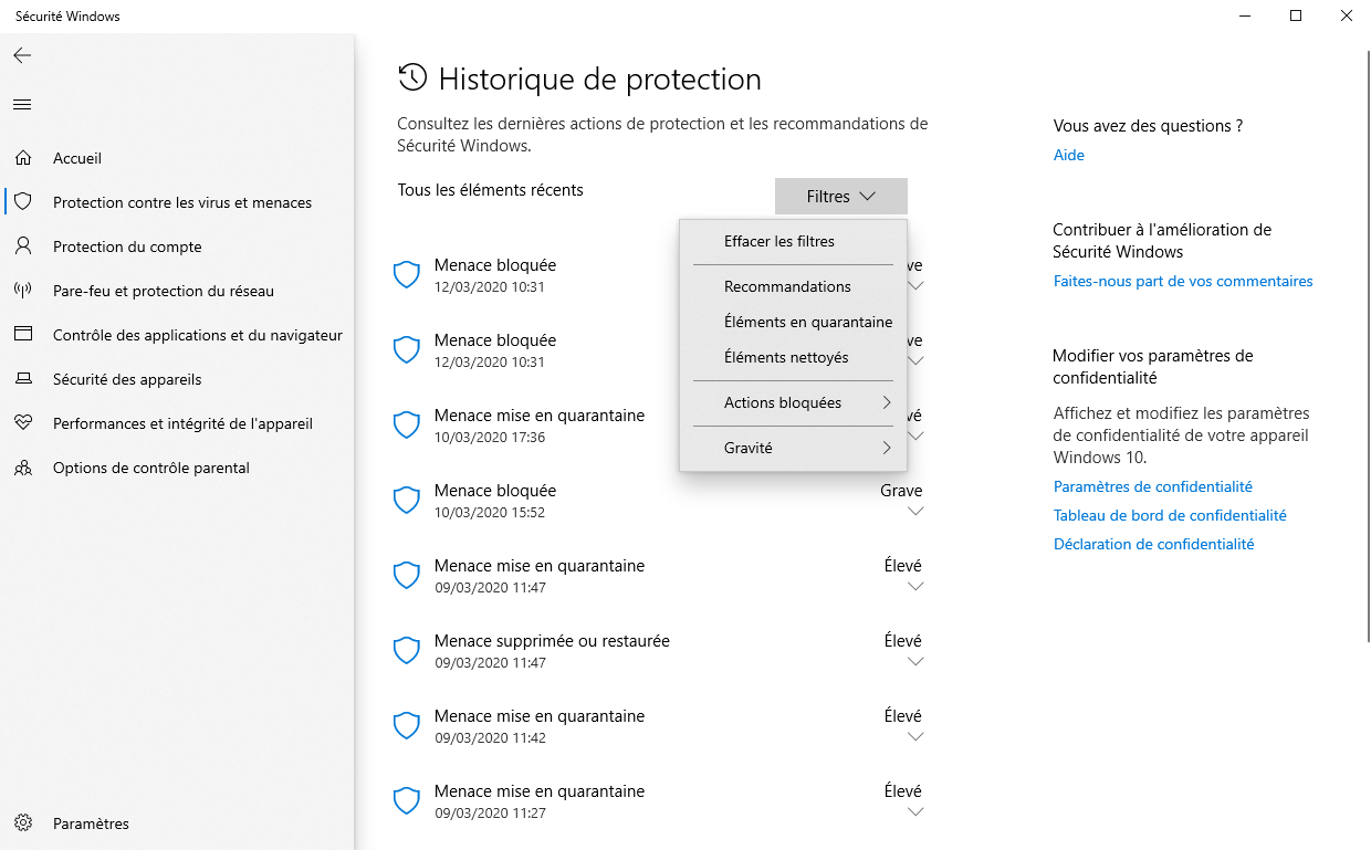 Microsoft Defender - Protection history