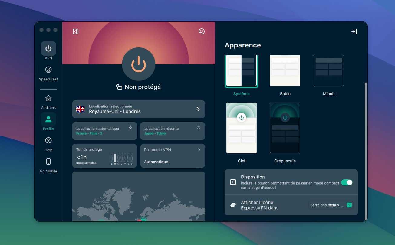 ExpressVPN - Appearance settings on macOS. © Clubic