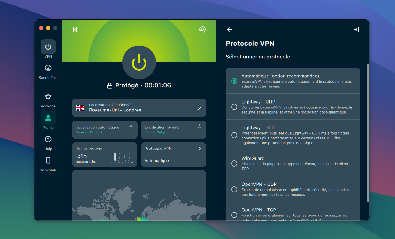 ExpressVPN - macOS version includes OpenVPN, Lightway and WireGuard protocols. © Clubic