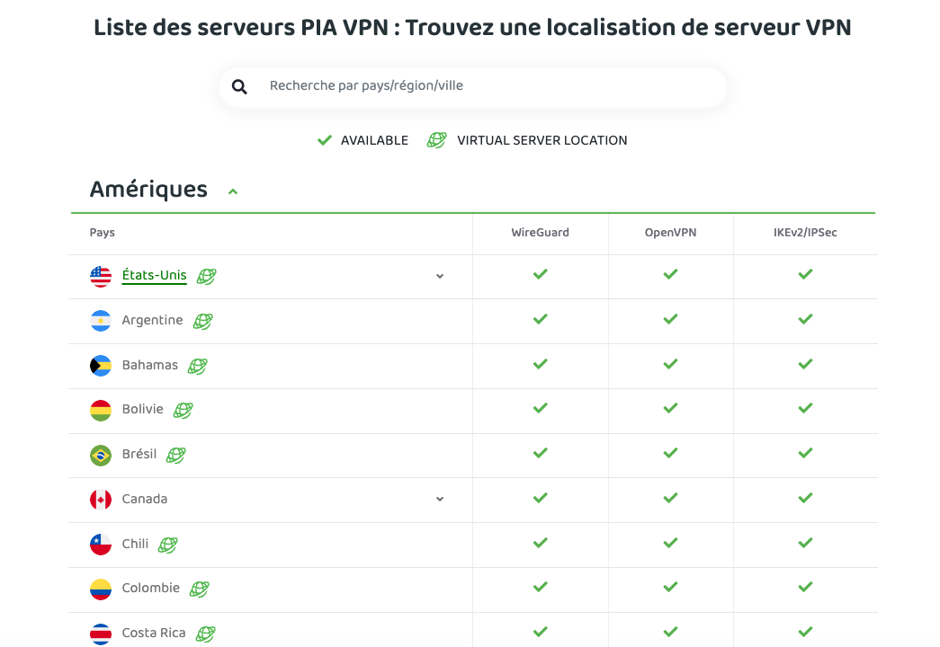 Sur son site web, Private Internet Access (PIA) documente très clairement les localisations physiques et virtuelles de ses serveurs. © Clubic
