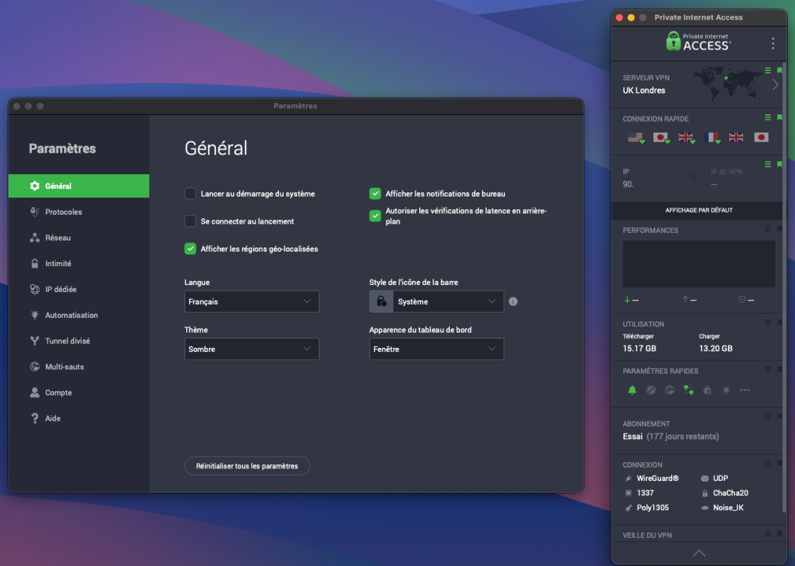 Private Internet Access (PIA) - The large display mode of the VPN interface. © Clubic